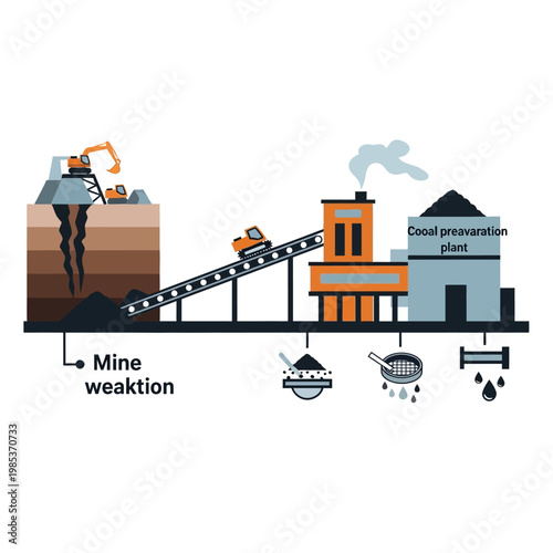 Coal mining and processing plant illustration with excavators and conveyor belt