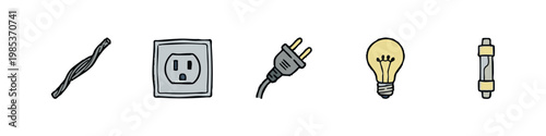 Set of 5 hand-drawn icons: wire, outlet, plug, light bulb, fuse
