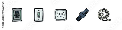 Set of 5 hand-drawn icons: breaker box, switch, outlet, plug, coiled cable