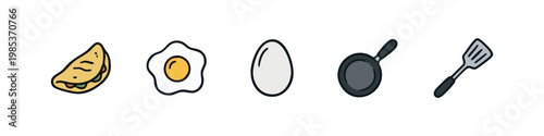 Set of 5 hand-drawn icons: taco, fried egg, egg, frying pan, spatula