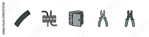 Set of 5 hand-drawn icons: conduit, junction box, electrical box, pliers, wire cutters