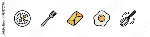 Set of 5 hand-drawn icons: plate of eggs, fork, envelope, fried egg, whisk
