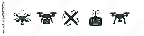Set of drone icons including quadcopter, propeller, and remote.