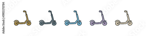 Set of hand-drawn scooters in different colors on white.