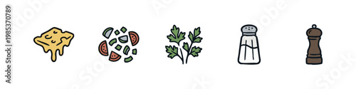Set of 5 hand-drawn icons: cheese, salad, parsley, salt shaker, pepper mill