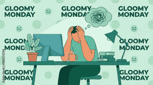 Man experiencing gloomy Monday stress and mental health issues at work