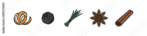 Spice and Flavor Icons: Orange Peel, Peppercorn, Chives, Star Anise, Cinnamon