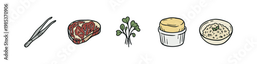Fine Dining Ingredients Icons: Tongs, Steak, Microgreens, Butter, Risotto