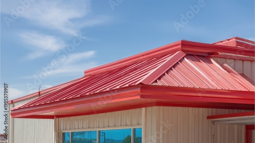 Close up of a red metal roof and white building exterior with blue sky and clouds overhead featuring a reflective window showing blue sky in daylight bright sun lighting Architectural detail on a