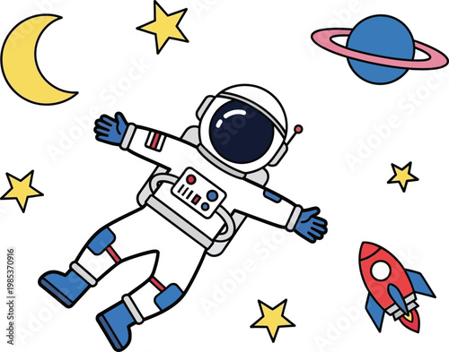 Astronaut floating in space with rocket, moon, planet, and stars