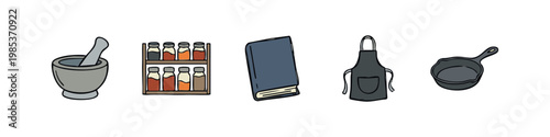 Kitchen and Baking Tools Icons: Mortar, Spices, Cookbook, Apron, Cast Iron Pan