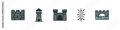 Castle and Fortress Icons: Wall, Tower, Gate, Defense, Medieval Architecture