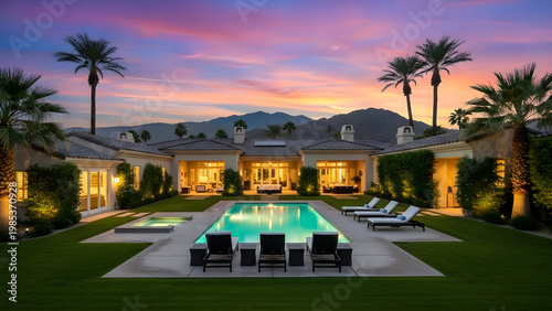 Luxurious modern house with palm trees and a swimming pool at sunset
