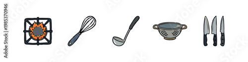 Kitchen Equipment Icons: Stove, Whisk, Ladle, Colander, Knives