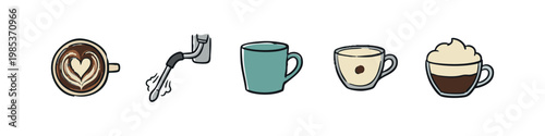 Coffee Drink and Preparation Icons: Latte Art, Steam, Mug, Cup, Cappuccino