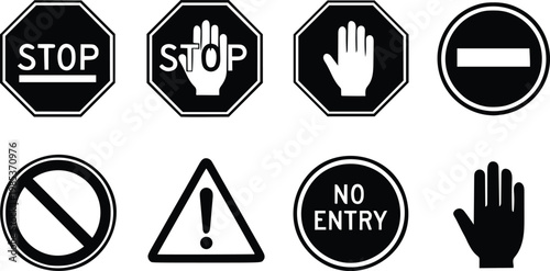 Set of black and white traffic and warning signs with stop, no entry, and hand traffic signs