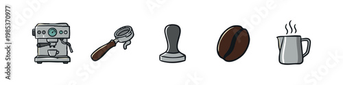 Coffee Machine and Accessories Icons: Espresso Machine, Portafilter, Tamper, Bean, Jug