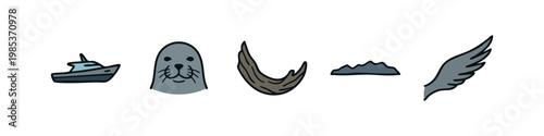 Set of 5 hand-drawn icons related to sea life and travel: boat, seal, driftwood, rock, wing
