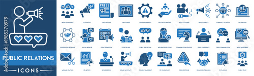 A set of blue public relations icons for business and communication
