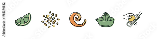 Set of 5 hand-drawn icons for citrus fruit, zest, and juicing: lime wedge, peel, spiral, juicer, grater