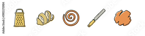Set of 5 hand-drawn kitchen and food preparation icons: grater, zest, swirl, file, dough