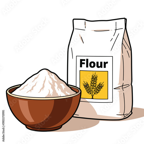 Flour Bag and Bowl with Wheat Flour for Baking, Cooking, and Culinary Design