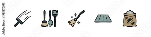 Set of 5 hand-drawn cleaning and preparation icons: paint brush, brooms, dustpan, wheat sack