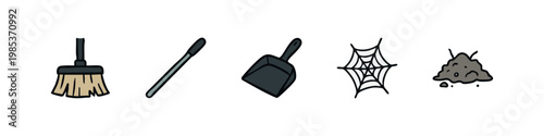 Set of 5 hand-drawn cleaning icons: broom, dustpan, cobweb, dirt pile, long brush