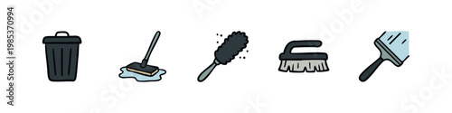 Set of 5 hand-drawn cleaning icons: trash can, mop, feather duster, scrub brush, squeegee