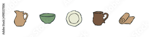 Collection of 5 hand-drawn pottery and ceramic icons: jug, bowl, plate, pitcher, scroll