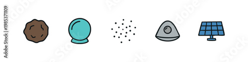 Set of 5 hand-drawn icons related to space and earth science: asteroid, crystal ball, particles, capsule, solar panel