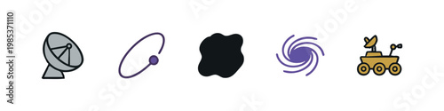 Collection of 5 hand-drawn icons: satellite dish, orbital path, black hole, galaxy, rover
