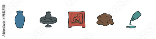 Set of 5 hand-drawn icons: vase, potter's wheel, fire sign, lump of clay, dripping liquid