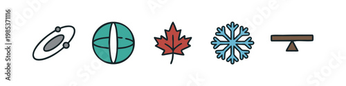 Collection of 5 hand-drawn icons: atom model, geometric shape, maple leaf, snowflake, seesaw