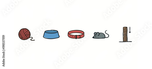 Set of 5 hand-drawn icons: yarn ball, pet bowl, collar, toy mouse, scratching post