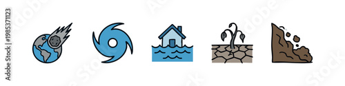 Set of 5 hand-drawn icons illustrating disasters: asteroid impact, hurricane, flood, drought, landslide