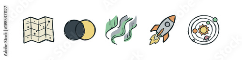 Collection of 5 hand-drawn icons: star map, eclipse, aurora, rocket, solar system