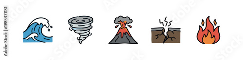 Hand-drawn icons representing natural disasters: wave, tornado, volcano eruption, earthquake, wildfire