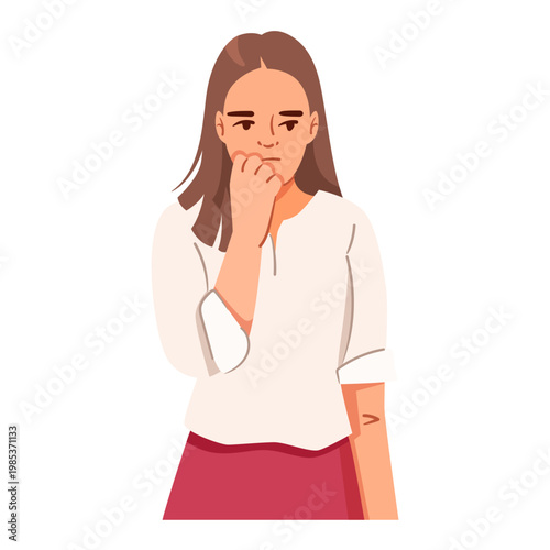An anxious woman shown in a clean graphic style on a white background, expressing worry as a concept. Vector illustration