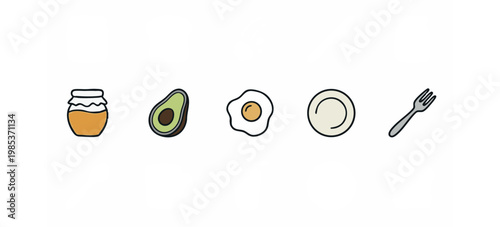 Breakfast Food Icons: Jam Jar, Avocado, Fried Egg, Plate, Fork