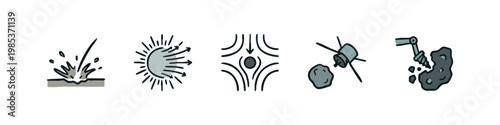 Collection of 5 hand-drawn icons depicting space impact and exploration: impact crater, solar flare, gravity, spacecraft and asteroid, mining robot