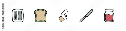 Breakfast Icons: Toaster, Bread, Crumbs, Knife, Jam Jar