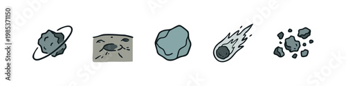 Hand-drawn icons of rocks and space debris: asteroid in orbit, rocky surface, rock, meteor, rock fragments