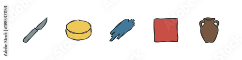 Assortment of 5 hand-drawn icons: knife, stacked circles, paint stroke, rectangle, amphora