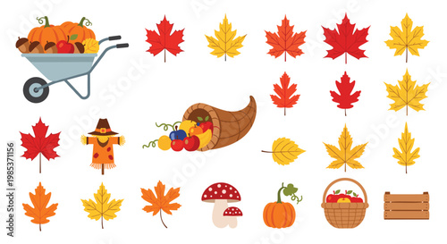 Vector Illustration of Autumn Harvest Elements Including Pumpkins, Fall Leaves, Cornucopia, Scarecrow, and Mushrooms for Seasonal Designs