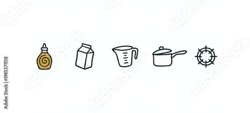 Kitchen and Cooking Icons: Sauce Squeeze Bottle, Milk Carton, Measuring Cup, Pot, Steering Wheel