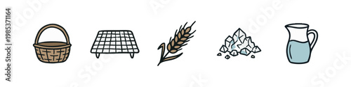 Baking and Agriculture Icons: Basket, Grate, Wheat Ear, Salt Crystals, Jug of Water