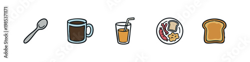 Breakfast Food and Drink Icons: Spoon, Coffee Mug, Juice Glass, Breakfast Plate, Toast