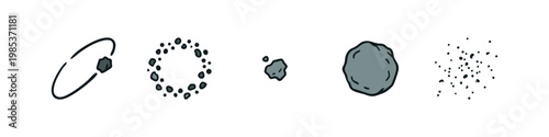Set of 5 hand-drawn icons: orbiting asteroid, asteroid belt, small asteroid, large asteroid, cosmic dust