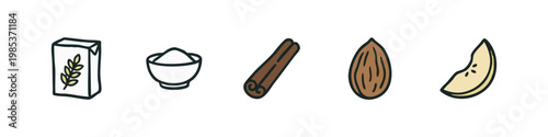 Baking Ingredients Icons: Cereal Box, Flour Bowl, Cinnamon Sticks, Almond, Apple Slice
